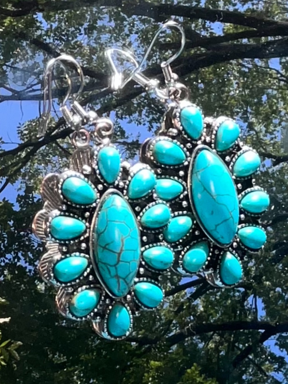 Genuine Turquoise Teardrop Cluster Earrings - Women Jewelry